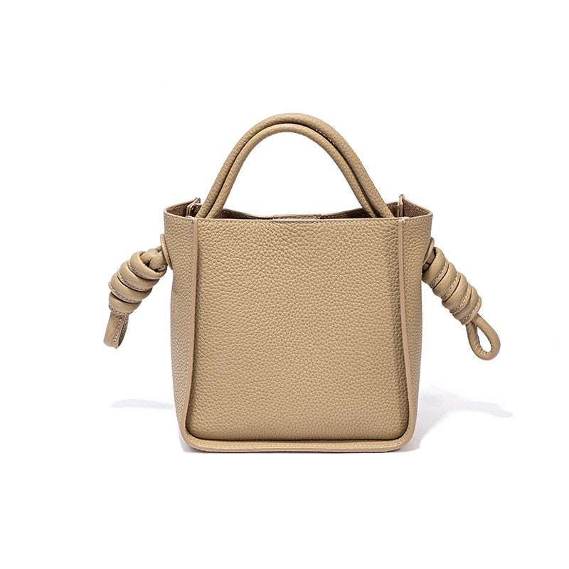 Genuine Leather Bucket Braided Rope Crossbody Bag