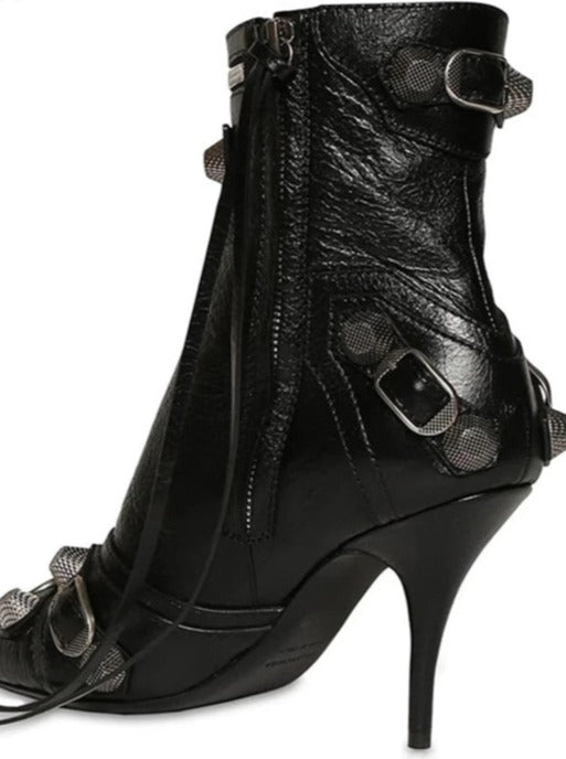 Fashion City Retro Metal Buckle Rivet Side Zipper High Heel Ankle Boots