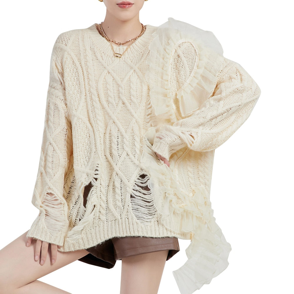 Hole Hollow Out Patchwork Mesh Knitting Sweater