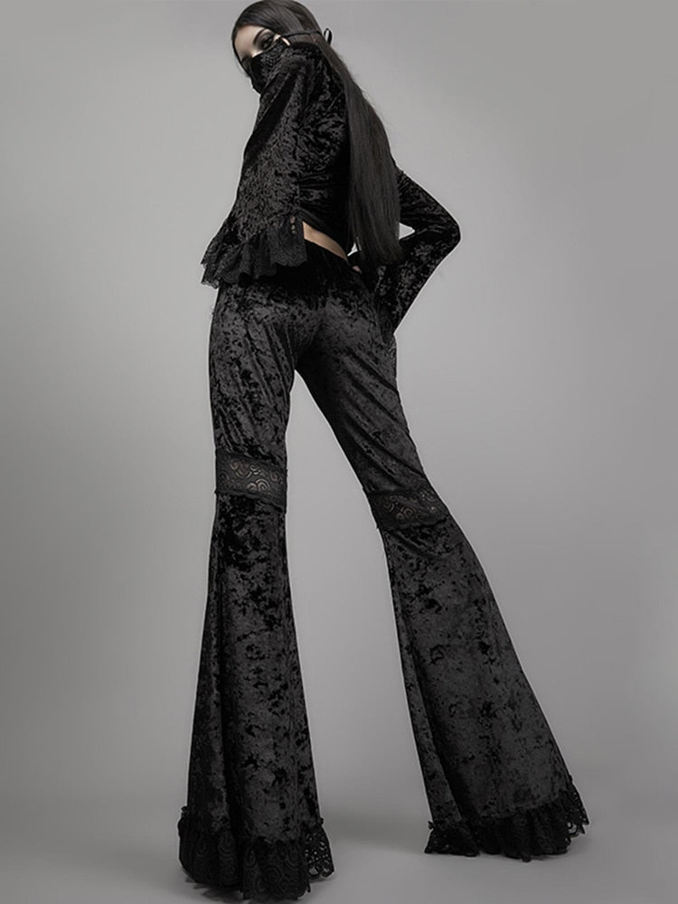 High Waist Flared Pants Aesthetic Sexy Lace Patchwork Trousers