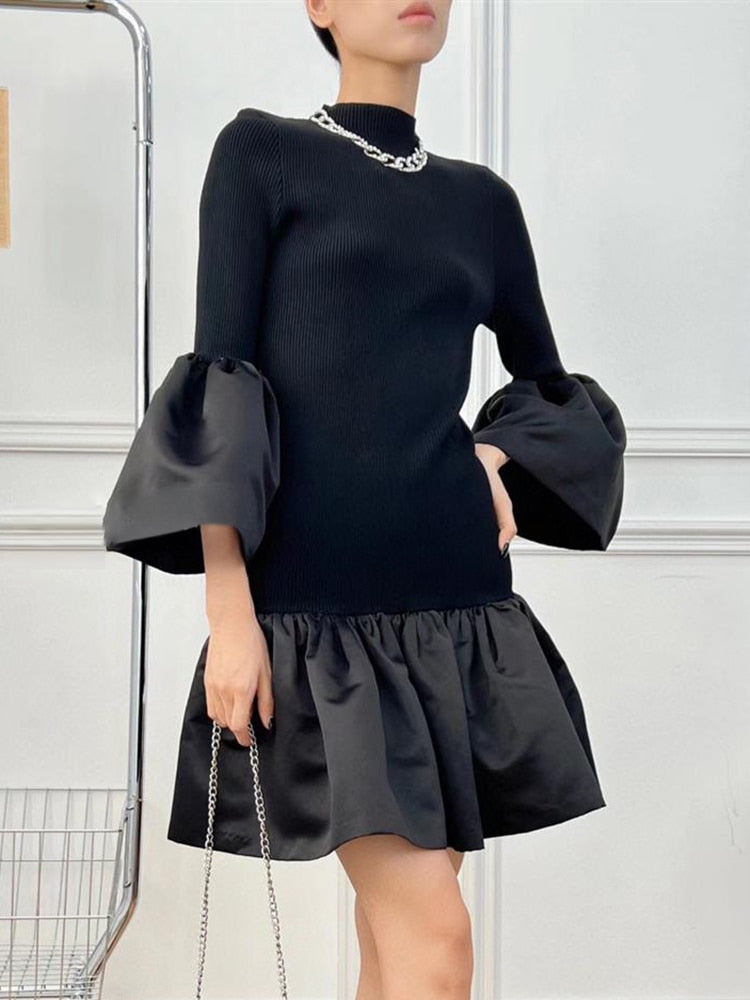 Half High Collar Puff Sleeve Patchwork Solid Mini Dresses