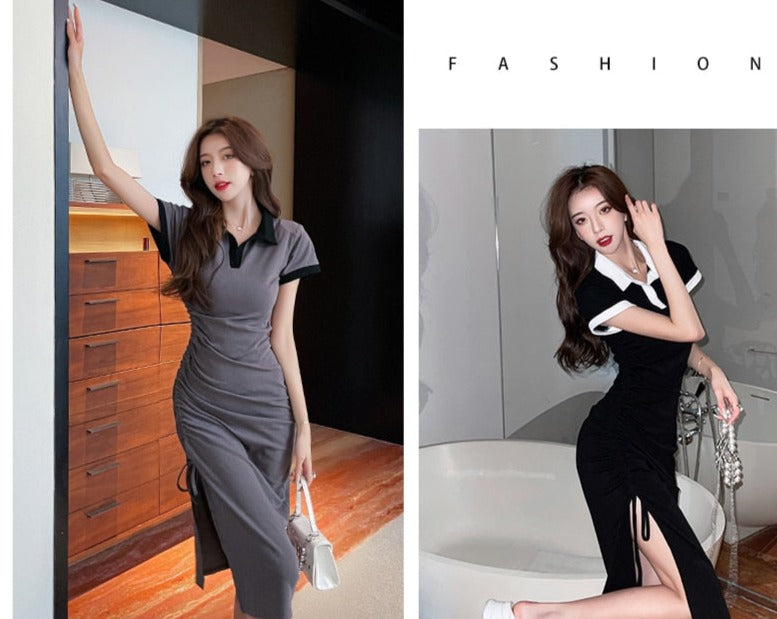 Polo Collar Slim Drawstring Ruffled Slit Dress Skirt