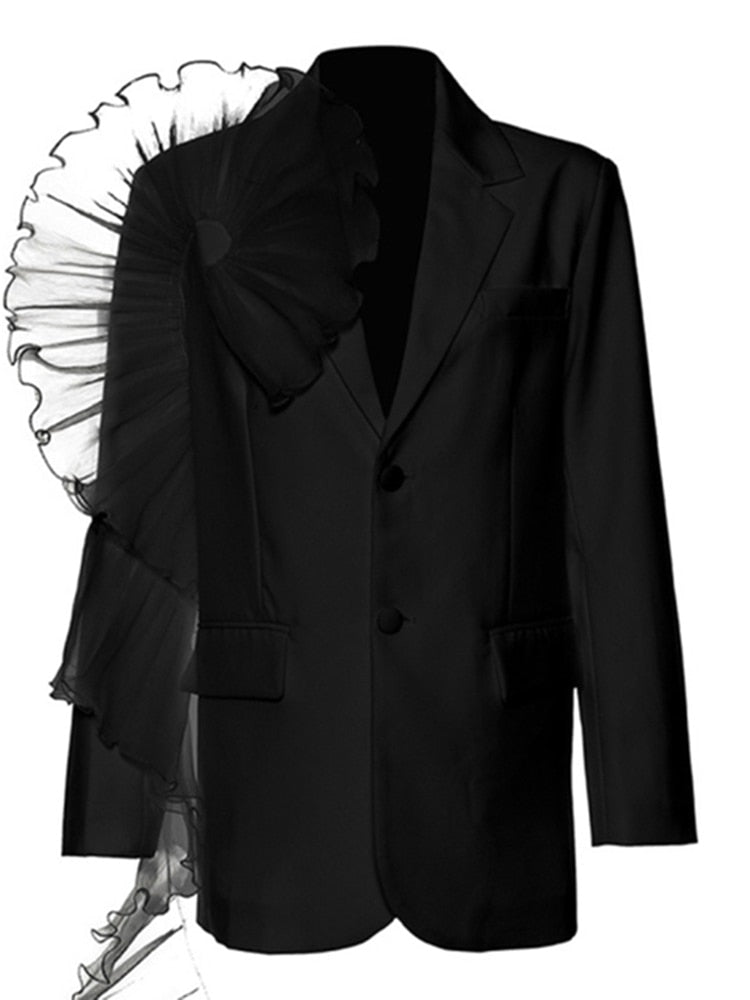 Asymmetrical Patchwork Ruffle Trim Solid Blazers