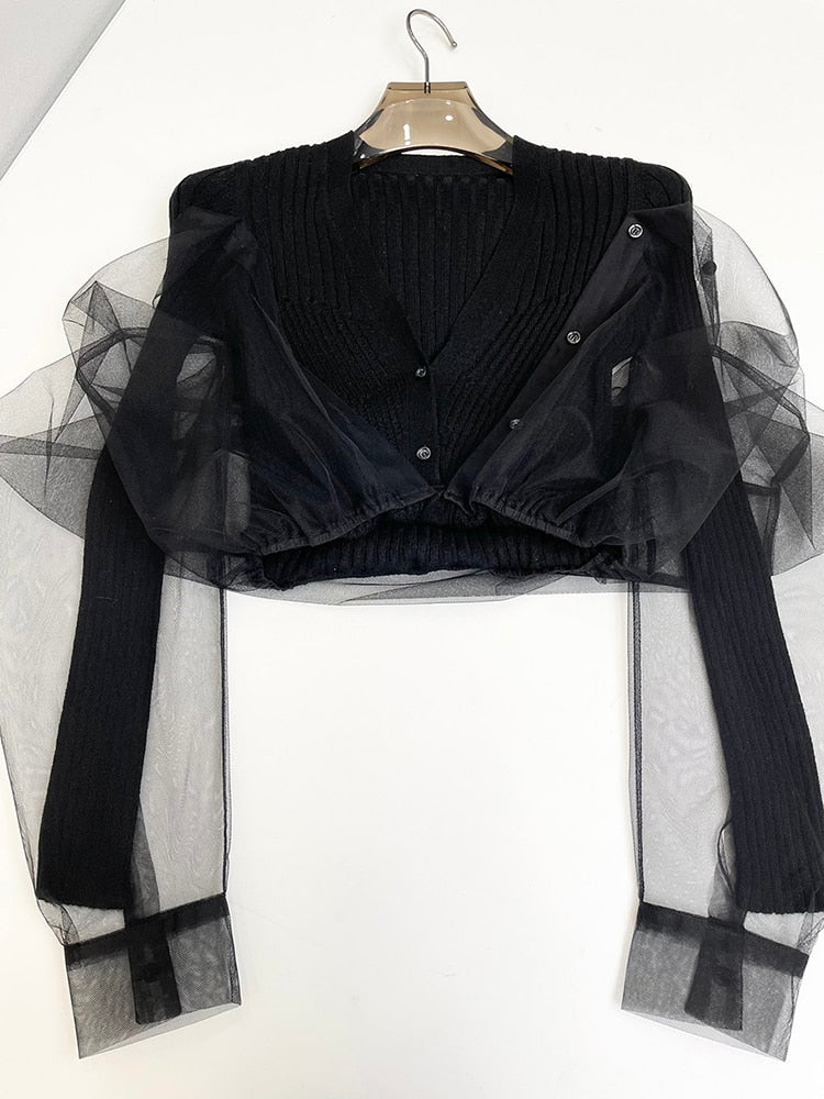 Patchwork Sheer Mesh Solid Knitting Single Breasted Cardigan Sweater