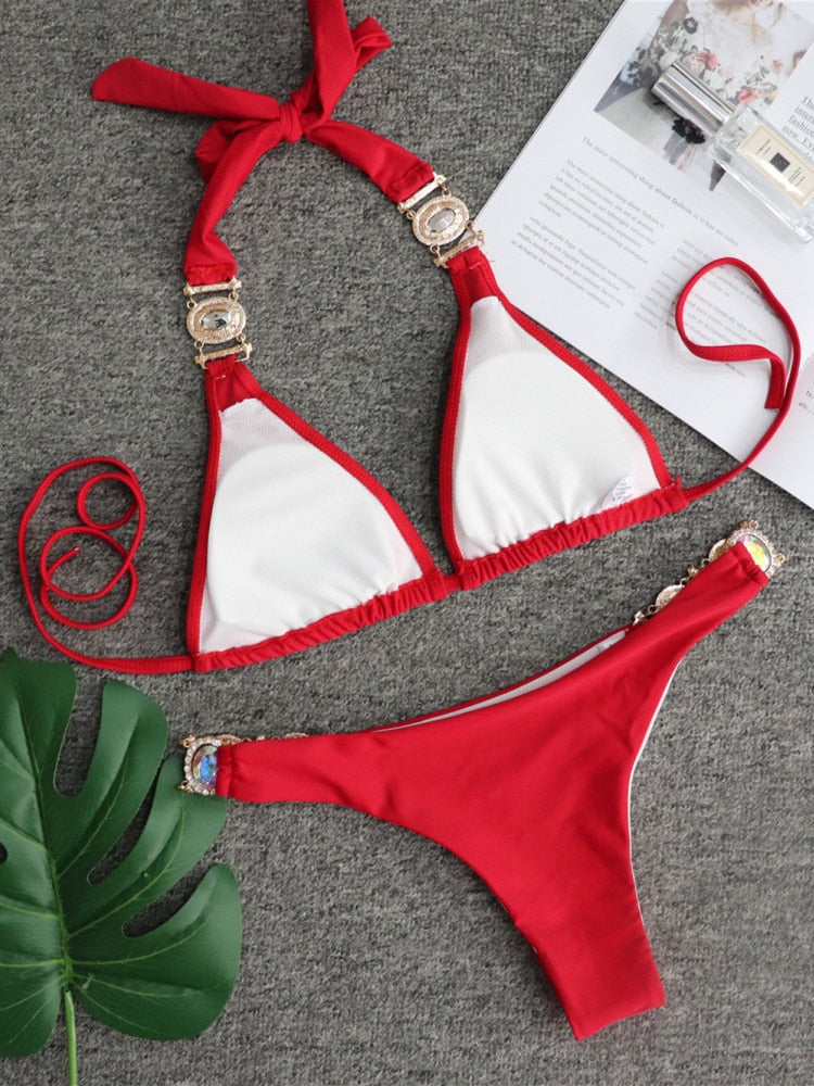 VIVIANNA Crystal Bandage Red Split Swimsuit