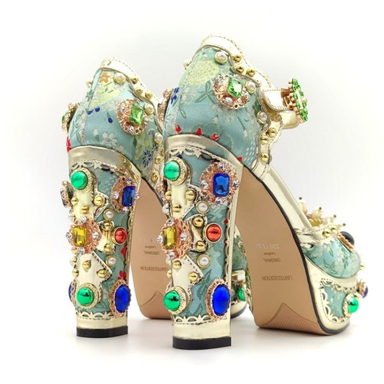 Baroque Style Jacquard Cloth Blue Platform Crystal High Heels