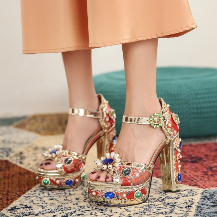 Baroque Style Jacquard Cloth Blue Platform Crystal High Heels