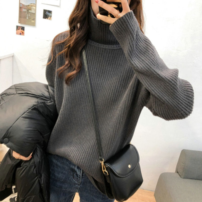 Turtleneck Knitted Long Sleeve Tops Pullover  Women Sweater
