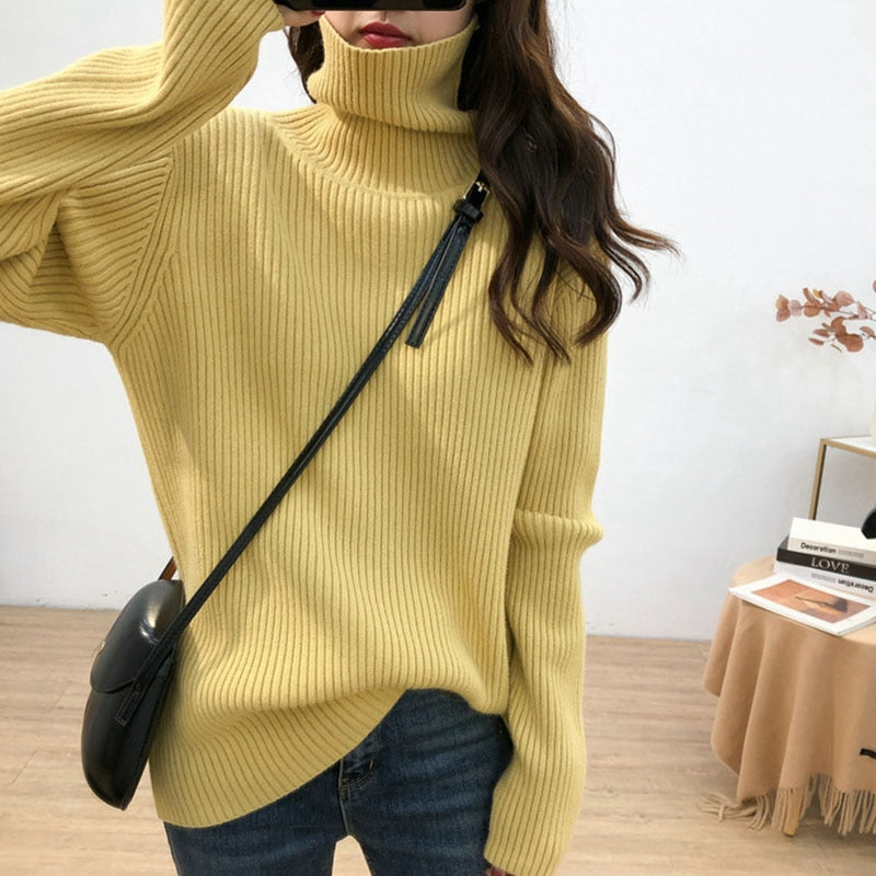 Turtleneck Knitted Long Sleeve Tops Pullover  Women Sweater
