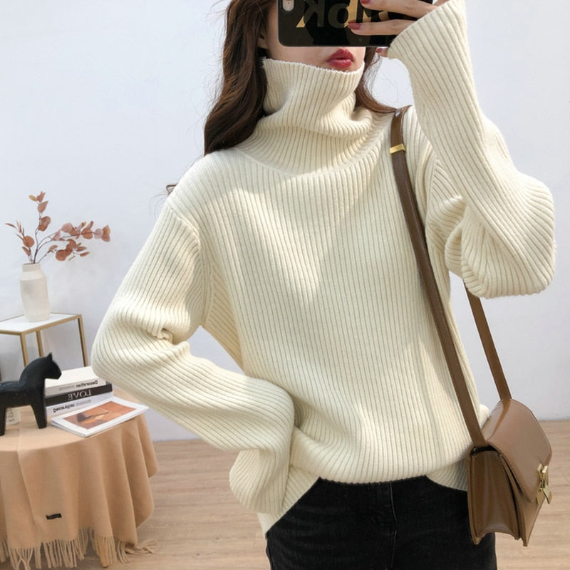 Turtleneck Knitted Long Sleeve Tops Pullover  Women Sweater