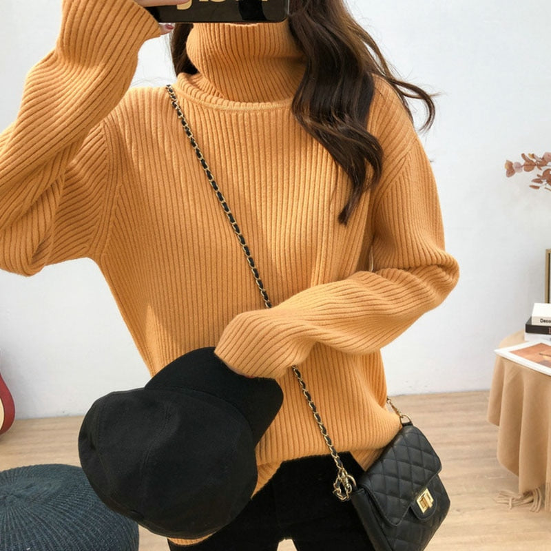 Turtleneck Knitted Long Sleeve Tops Pullover  Women Sweater