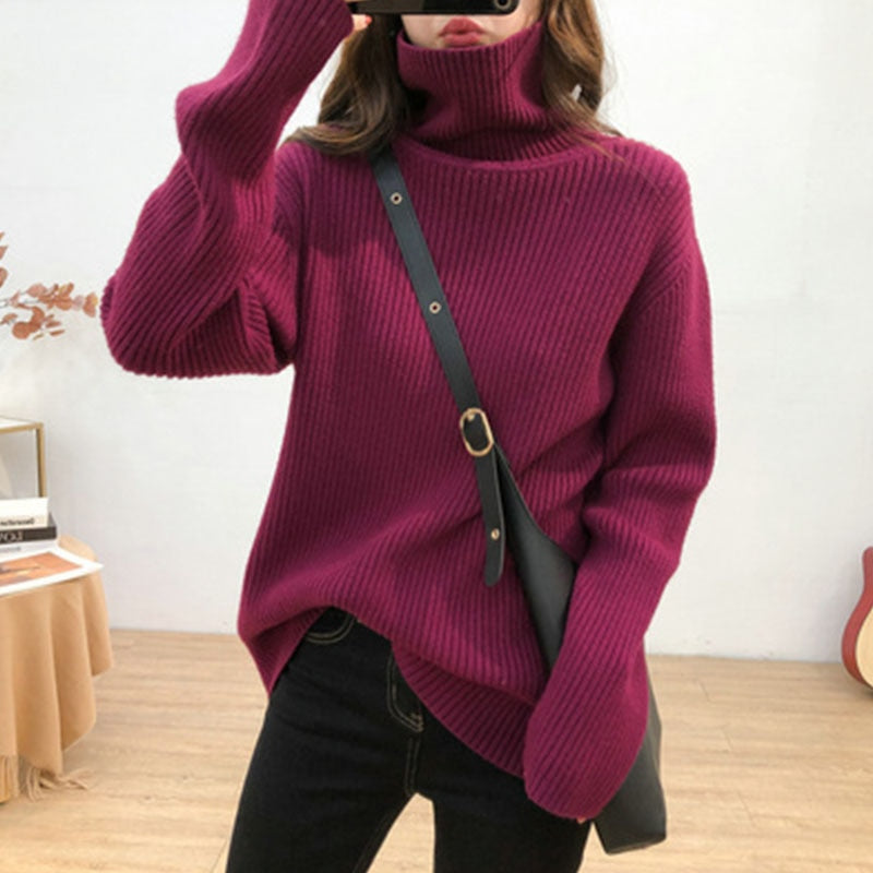 Turtleneck Knitted Long Sleeve Tops Pullover  Women Sweater