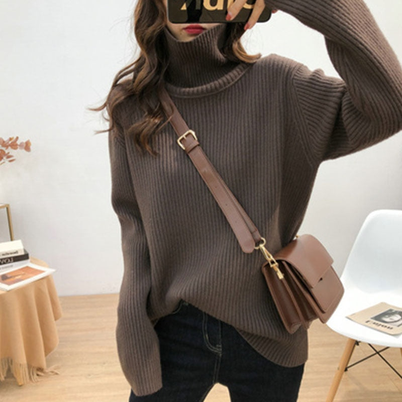 Turtleneck Knitted Long Sleeve Tops Pullover  Women Sweater
