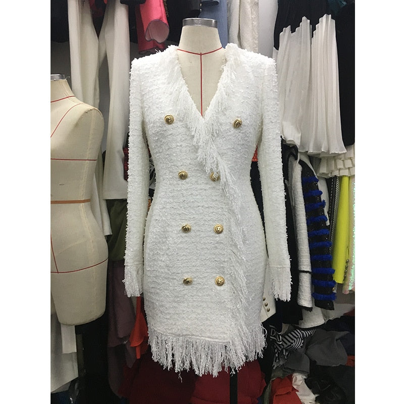 VIVIANNA Double Breasted Button Tassel Blazer Dress
