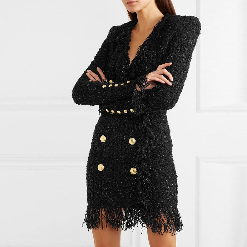 VIVIANNA Double Breasted Button Tassel Blazer Dress