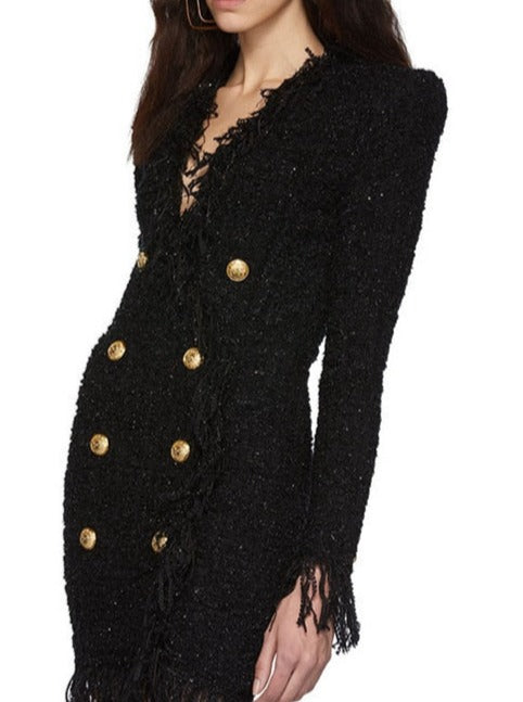 VIVIANNA Double Breasted Button Tassel Blazer Dress