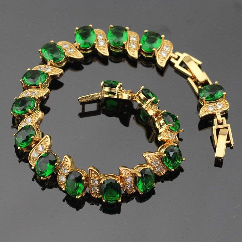 Green Stones Gold Color Bracelet Long Earrings Necklace Pendant Rings Free Gift Box Jewelry Sets