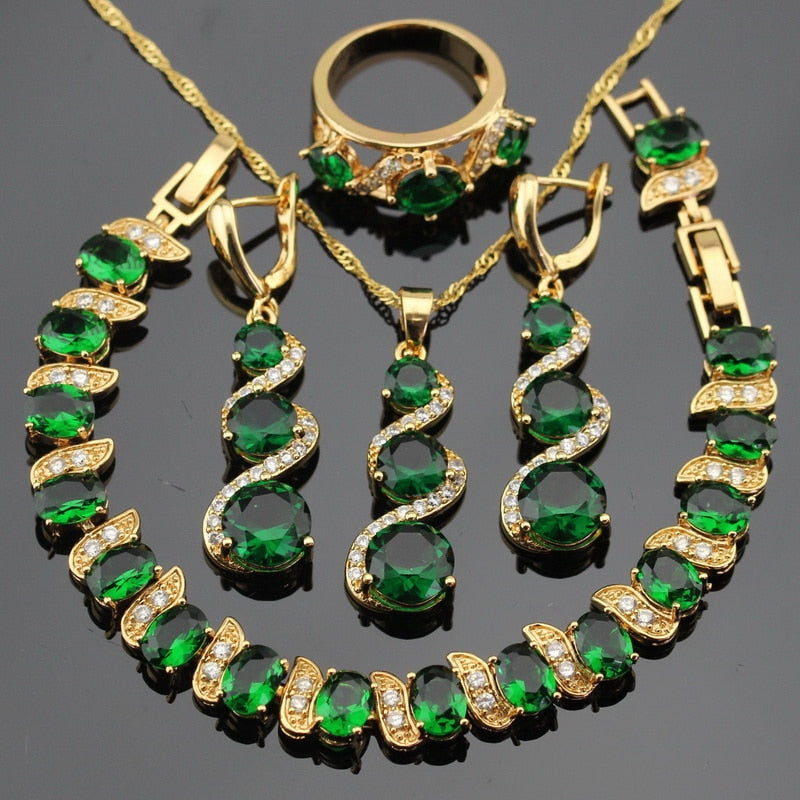 Green Stones Gold Color Bracelet Long Earrings Necklace Pendant Rings Free Gift Box Jewelry Sets
