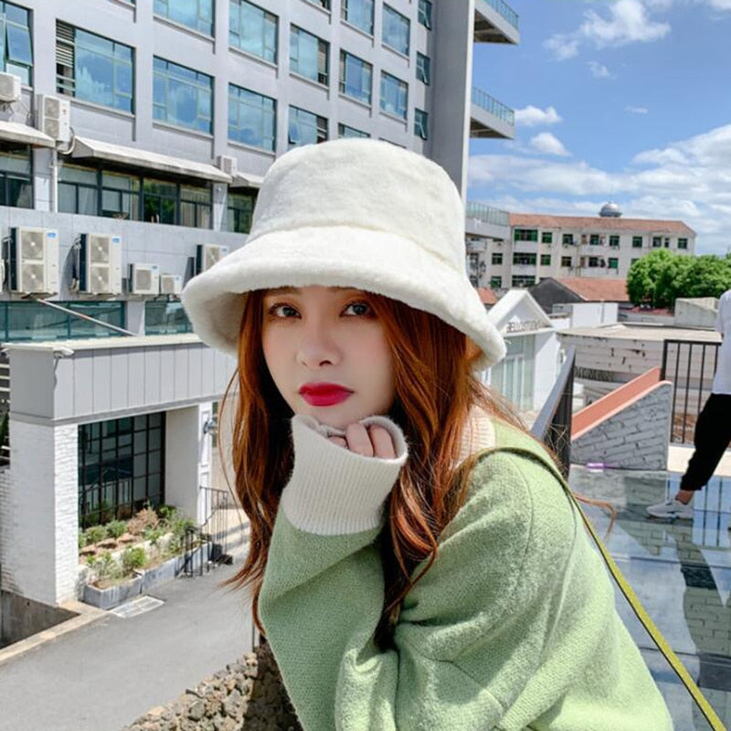 Warm Winter Thick Soft Lamb Wool Women Bucket Hat