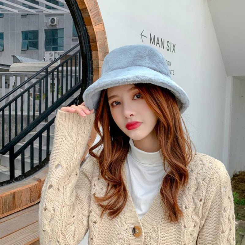 Warm Winter Thick Soft Lamb Wool Women Bucket Hat