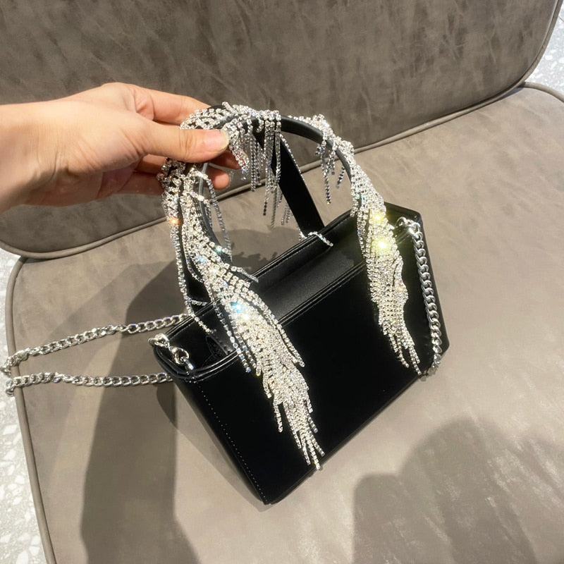 Shiny Stone Silver Bling Tassel Crystal Tote Bags