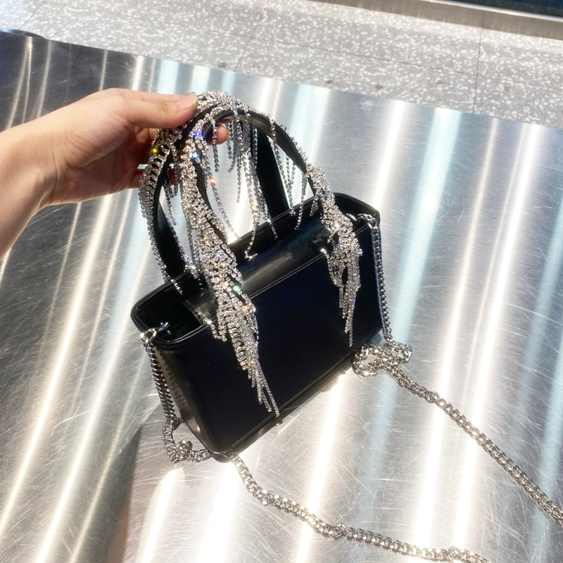 Shiny Stone Silver Bling Tassel Crystal Tote Bags